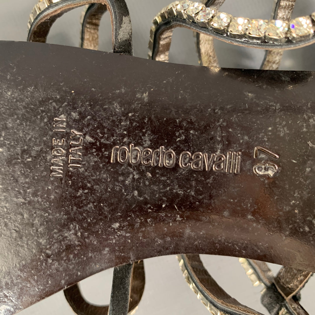 ROBERTO CAVALLI Size 7 Black Rhinestone Leather Gladiator Sandals