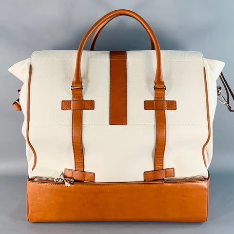BRUNELLO CUCINELLI Brown Cream Canvas Leather Oversized Weekender Bag