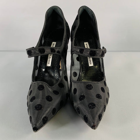MANOLO BLAHNIK Size 7.5 Black Polka Dot Mary Jane Pumps
