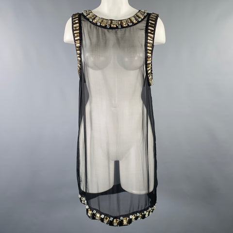 ALLSAINTS Size 8 -Josselin- Black Silver Silk Hand Beaded Shift Knee Length Dress