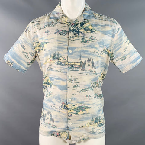 RRL by RALPH LAUREN Size M Blue Grey Yellow Cowboys Print Camp Short Sleeve Shirt