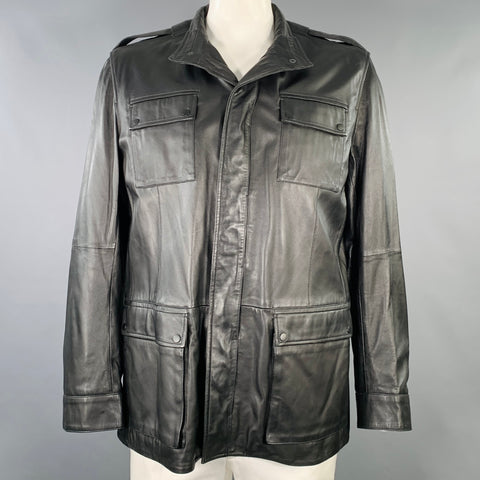 ELIE TAHARI Size XXL Black Leather Button Up Coat
