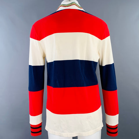 GUCCI Size M Cream Navy Red Stripe Dragon Applique Polo