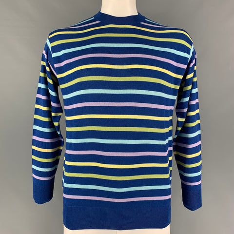 GENE MEYER Size L Blue Yellow Stripe Cotton Blend Crew-Neck Pullover