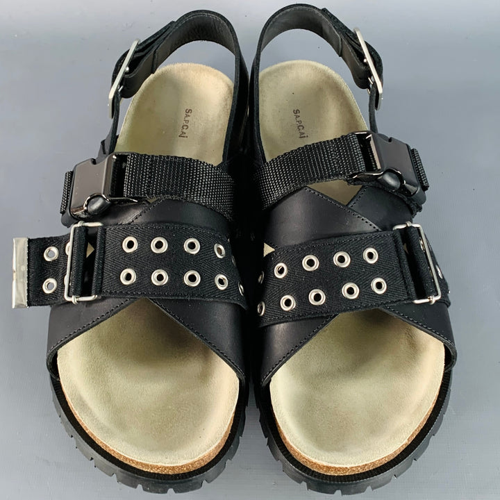 A.P.C. x SACAI Size 11 Jules Black Silver Leather Grommets Sandals
