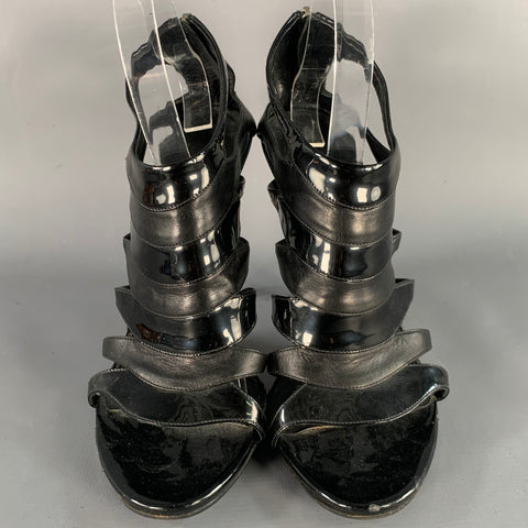 GUCCI Size 9.5 Black Leather Patent Leather Back Zipper Cage Sandals