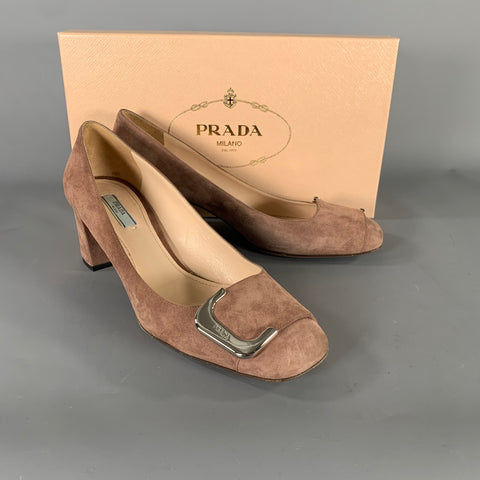 PRADA Size 8.5 Khaki Silver buckle Suede Pumps