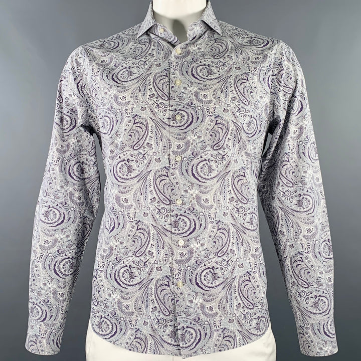 EMANUEL BERG Size XL White Purple Paisley Cotton Spread Collar Long Sleeve Shirt