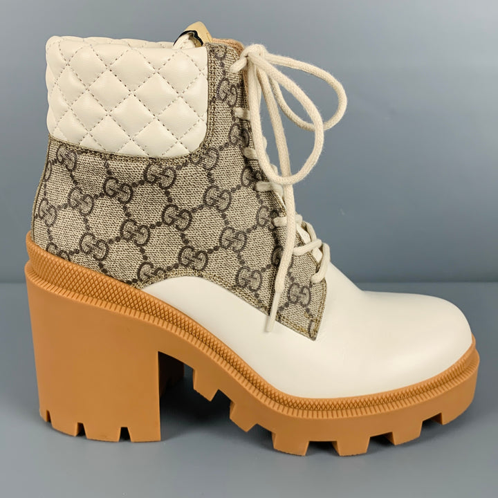 GUCCI Size 8 Cream Brown Leather Monogram Chunky Heel Boots