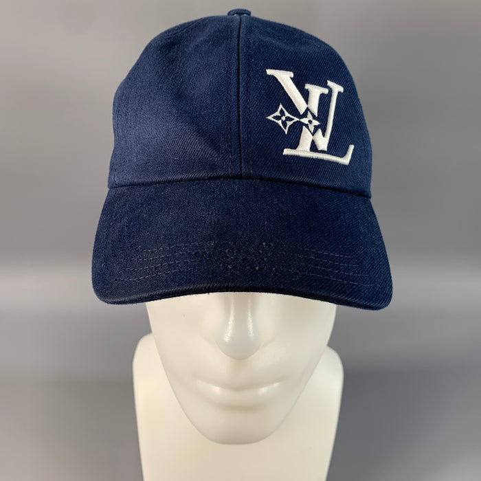 LOUIS VUITTON Size L Navy White Embroidered Cotton Hat