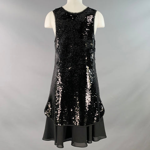 EMPORIO ARMANI Size 2 Black Polyester Blend Sequined V-Neck Layered Tank Dress
