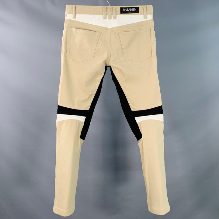 BALMAIN Size 28 Beige Black White Cotton Blend Skinny Biker Jeans