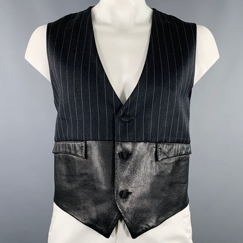 JOHN RICHMOND Size XL Black Grey Pinstripe Wool Mixed Fabrics Vest
