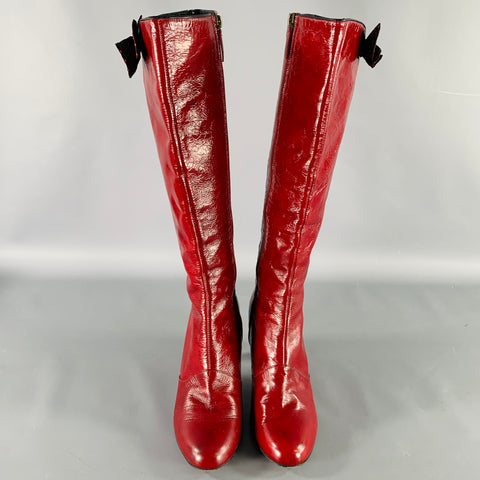MOSCHINO Size 7 Burgundy Bow Patent Leather Zip Up Boots