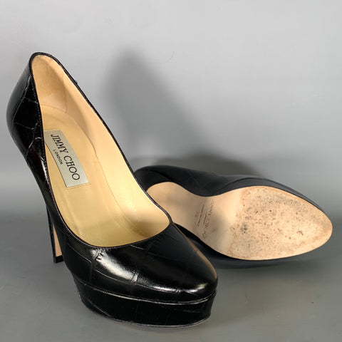 JIMMY CHOO Size 6 Black Leather Croc Embossed Stiletto Pumps