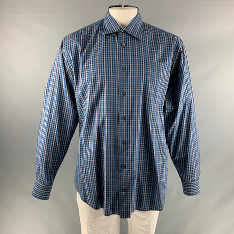 ROBERT TALBOTT Size XL Blue Taupe Checkered Cotton One pocket Long Sleeve Shirt