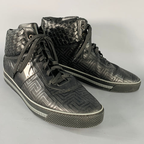 GIANNI VERSACE Size 11 Black Greca Leather High Top Sneakers