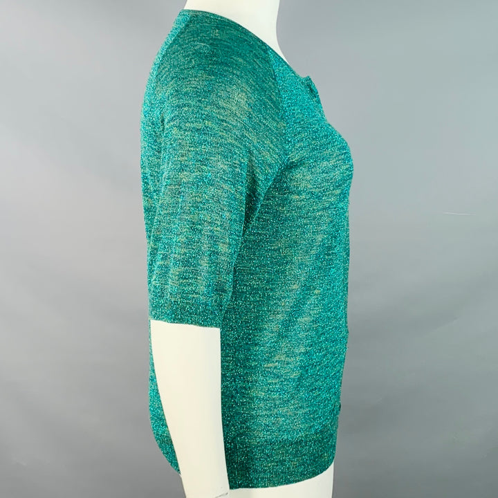 DRIES VAN NOTEN Size L Metallic Green Blue Rayon Blend 3/4 Sleeves Cardigan