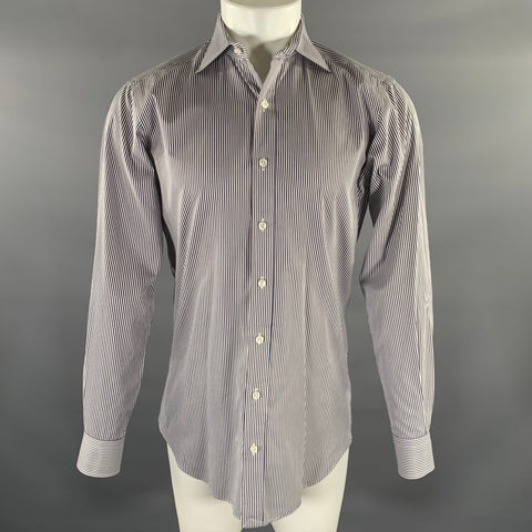 HAMILTON Size S Off White Blue & Brown Stripe Cotton Long Sleeve Shirt