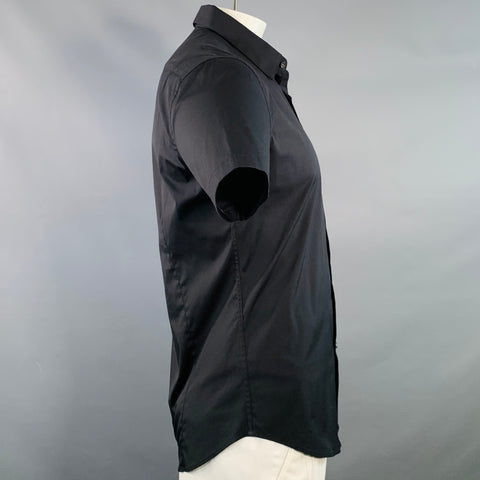THEORY Size L Black Cotton Spread Collar Short Sleeve Shirt