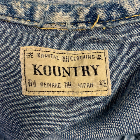 KAPITAL Size L Indigo Distressed Denim Snaps Long Sleeve Shirt