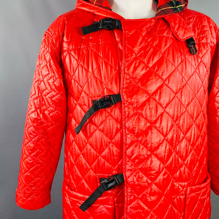 MONITALY Size L Red Quilted Nylon Hooded Buckle Clasp Coat