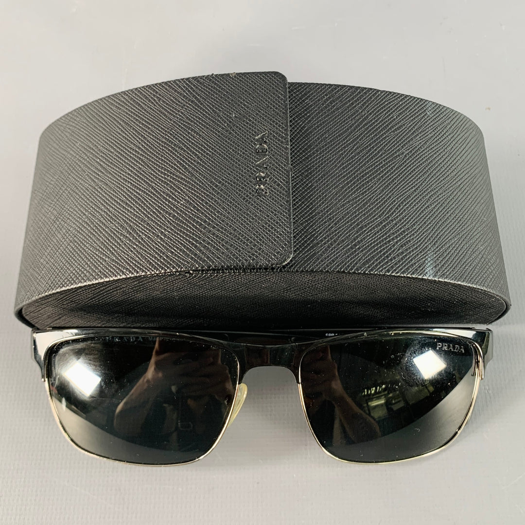 PRADA Black Silver Acetate Metal Semi Rimless Sunglasses