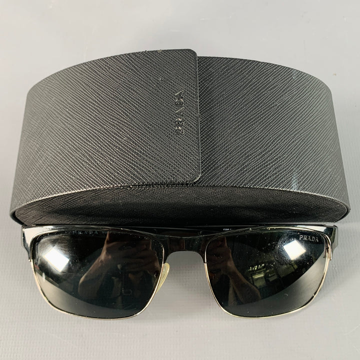 PRADA Black Silver Acetate Metal Semi Rimless Sunglasses