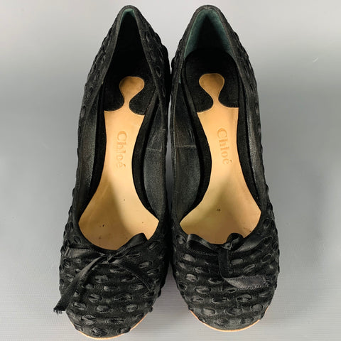 CHLOE Size 8.5 Black Suede Woven Ribbon Bow Heels Pumps