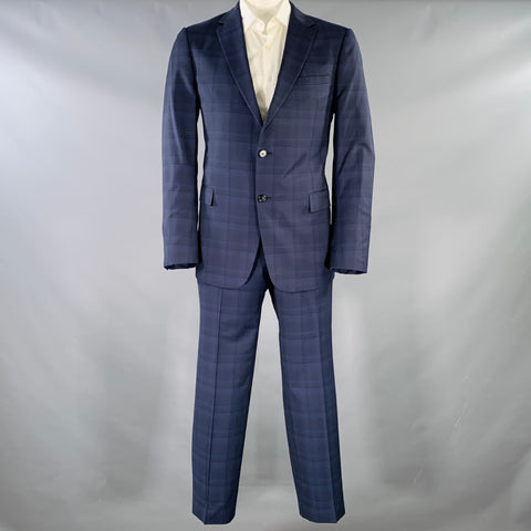 Z ZEGNA Size 46 Regular Navy Blue Plaid Wool Notch Lapel Suit