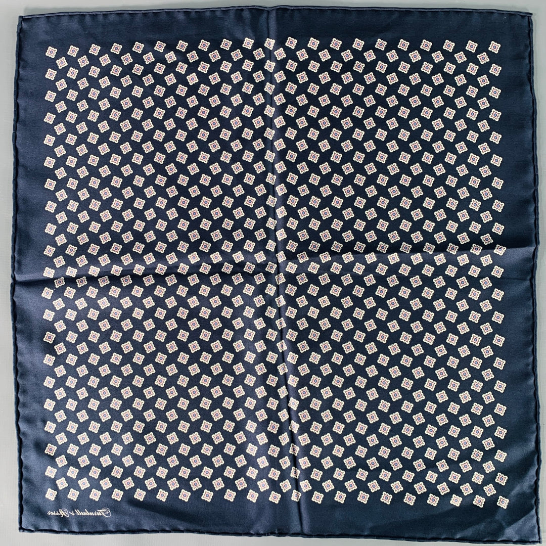 TURNBULL & ASSER Navy White Squares Silk Pocket Square