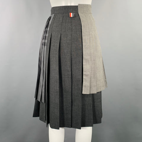 THOM BROWNE Size 2 Grey Charcoal Wool Pleated Knee Length Skirt