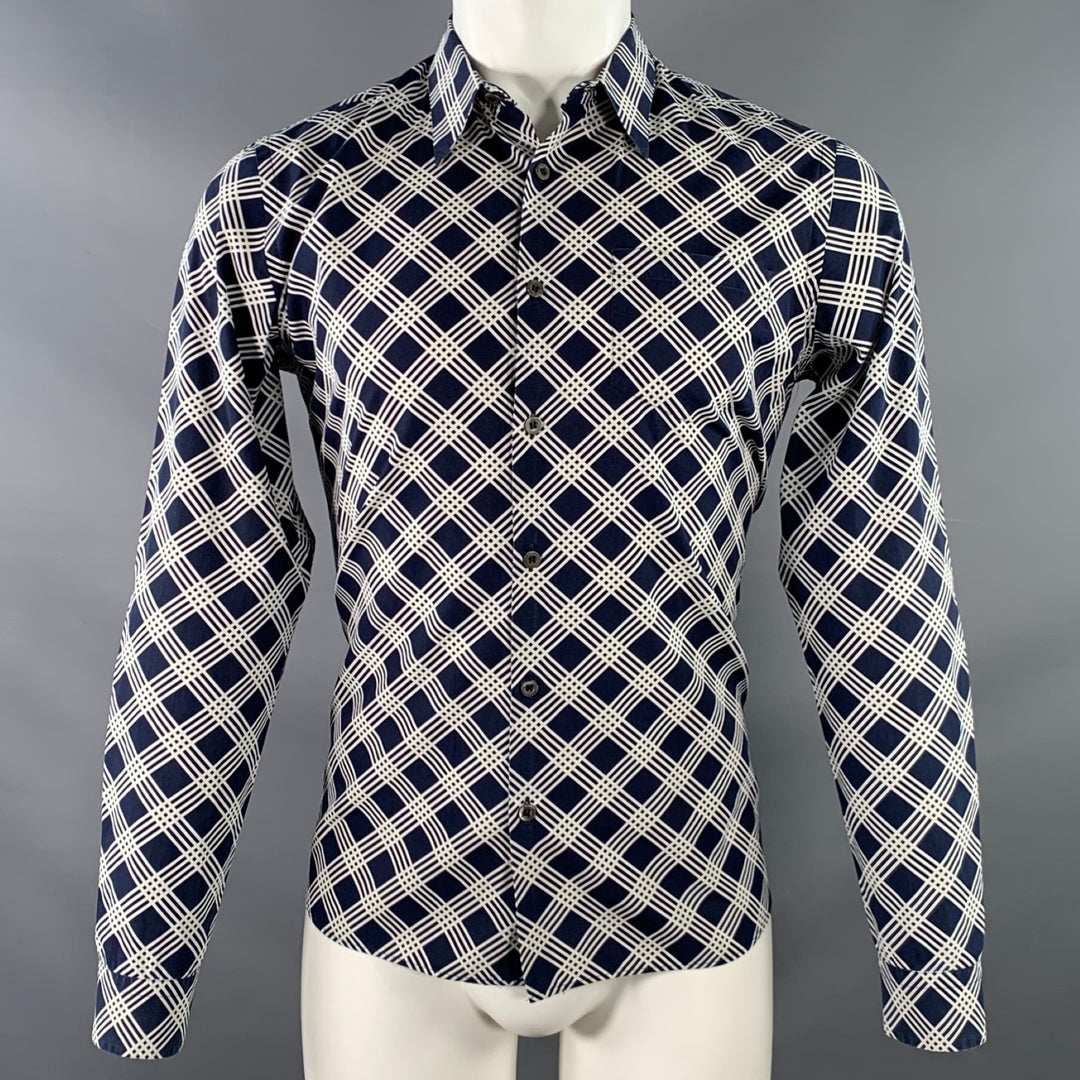 PRADA Size S Navy White Plaid Cotton Button Up Long Sleeve Shirt