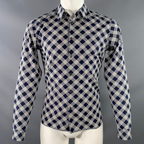 PRADA Size S Navy White Plaid Cotton Button Up Long Sleeve Shirt