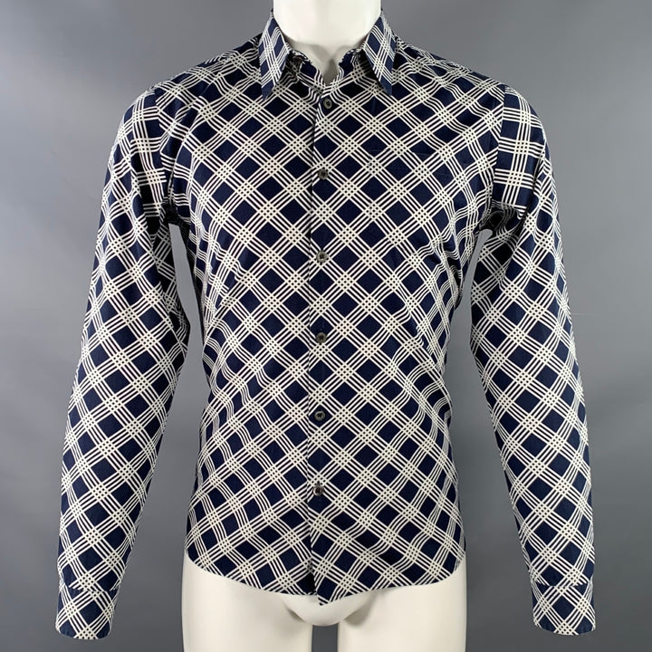 PRADA Size S Navy White Plaid Cotton Button Up Long Sleeve Shirt