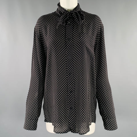 PLAN C Size M Black White Silk Polka Dot Bow Shirt