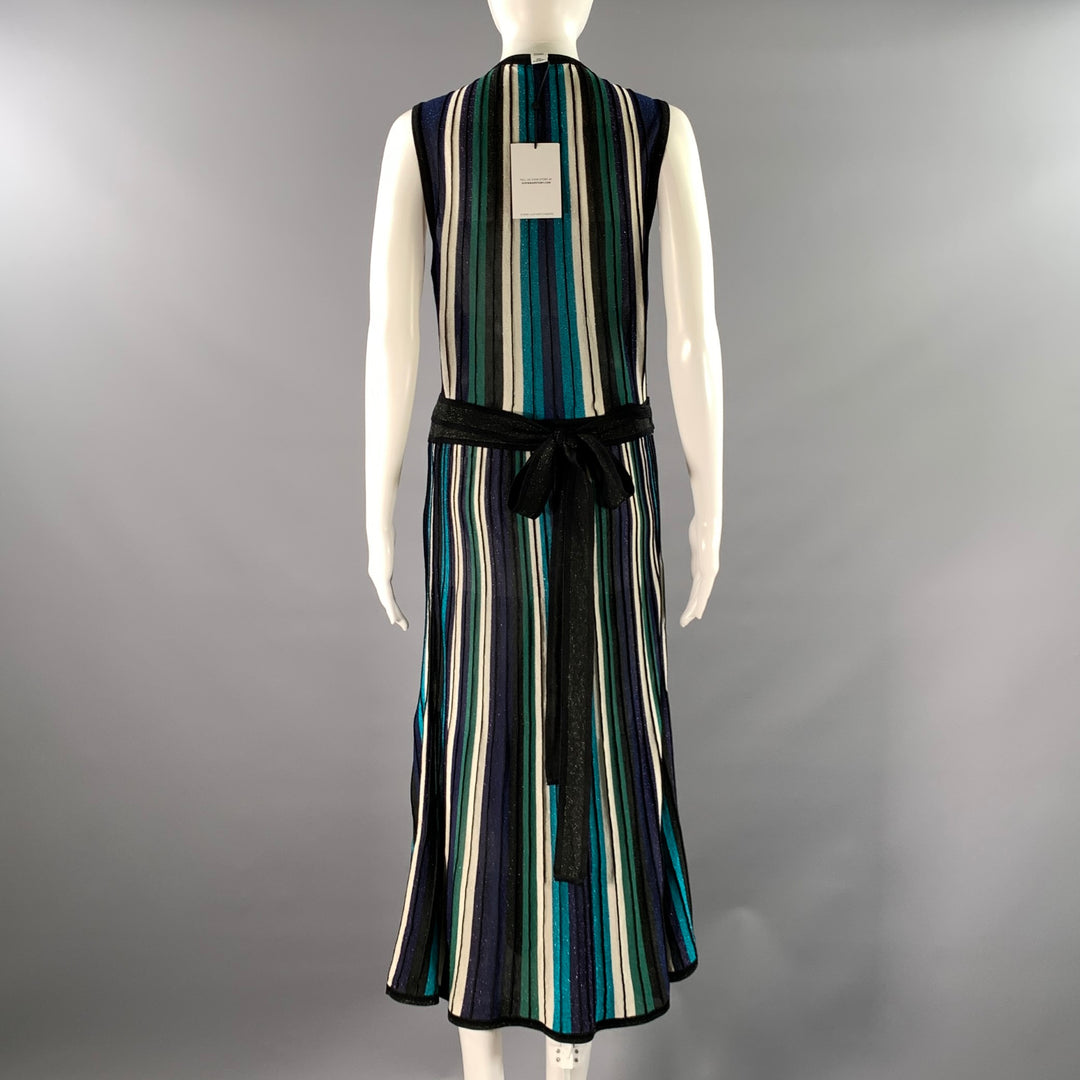 DIANE VON FURSTENBERG Size M Black Green Silk Blend Stripe Wrap Mid-Calf Dress
