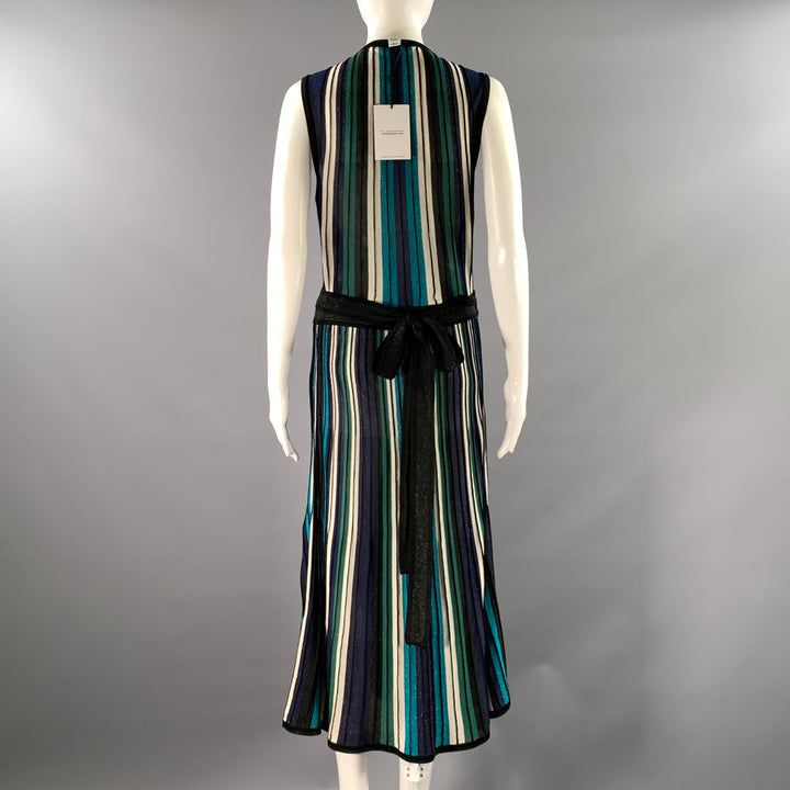 DIANE VON FURSTENBERG Size M Black Green Silk Blend Stripe Wrap Mid-Calf Dress