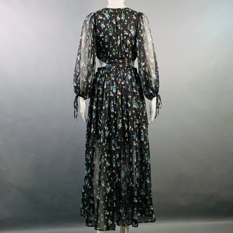 MAJE Size S Black Green Blue Chiffon Floral Cutout Midi Dress