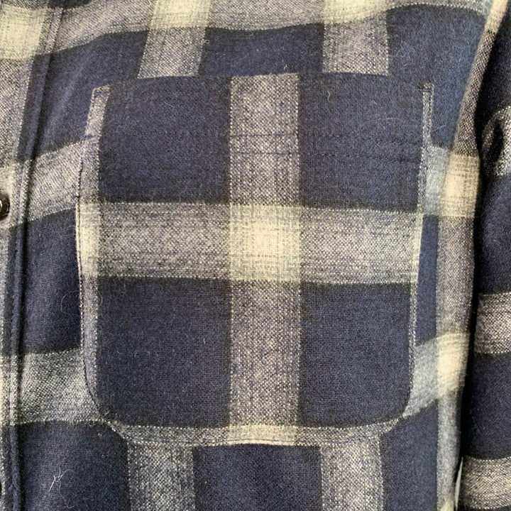 A.P.C. Size XL Navy Grey Plaid Wool Blend Button Up Long Sleeve Shirt