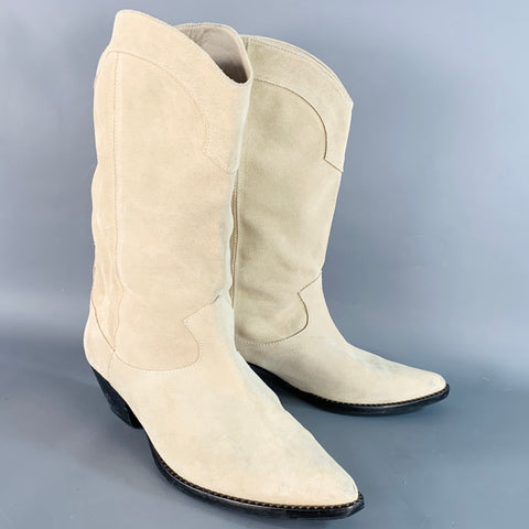FREDA SALVADOR Size 9.5 Beige Stone Suede Stacked Heel Western Boots
