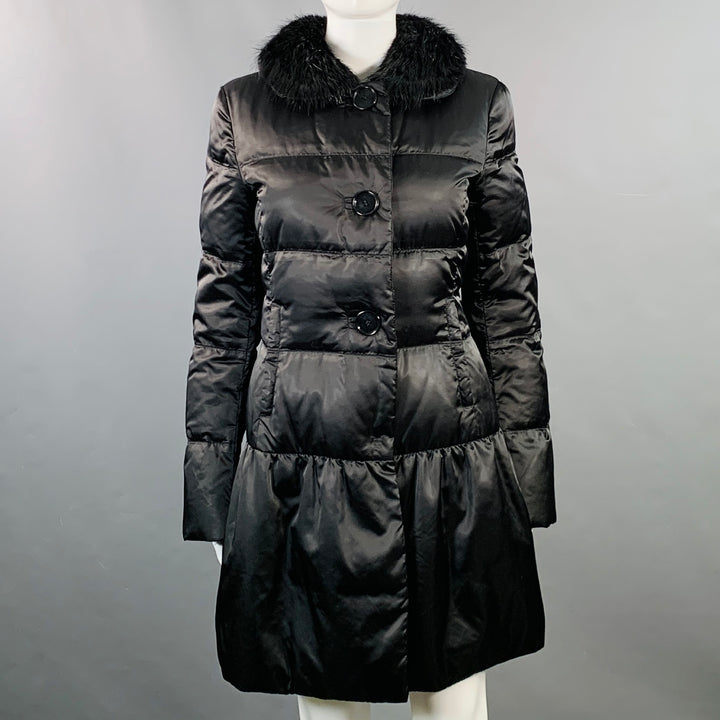 PRADA Size 6 Black Polyamide Quilted Fur Collar Button Down Coat