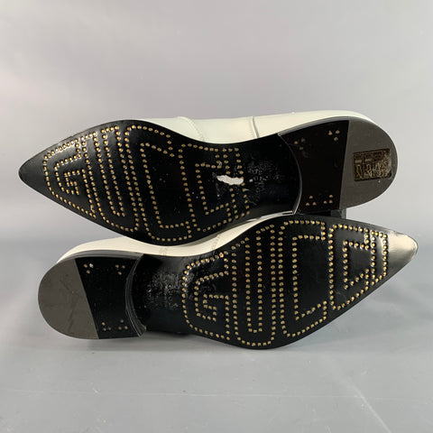 GUCCI Size 7.5 White Black Gold Leather Pointed Toe Pull On Ankle Boots