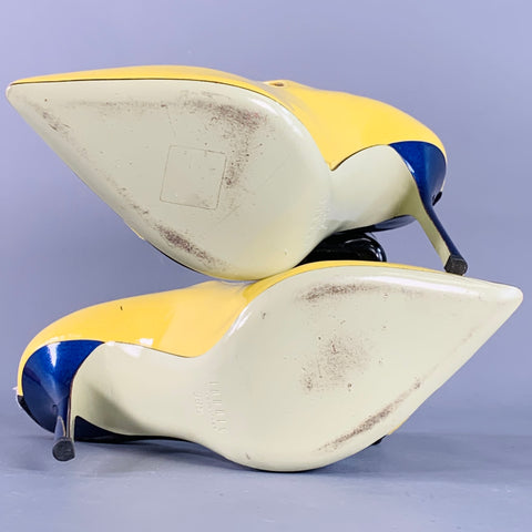 GIANNICO Size 8.5 Yellow Black Pink Color Block Mixed Fabrics Stiletto Pumps