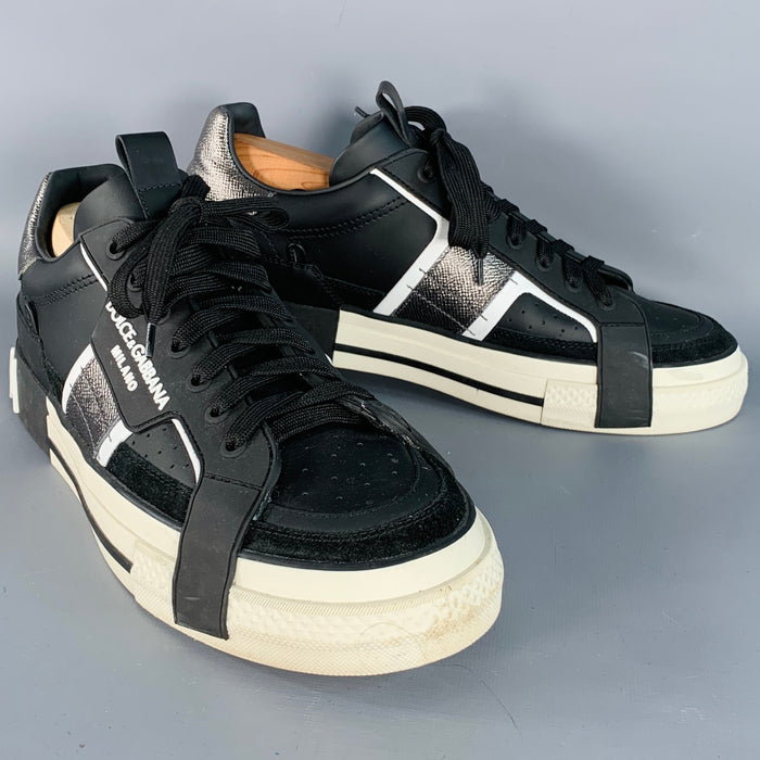 DOLCE & GABBANA Size 10 Black White Silver Logo Leather Sneakers