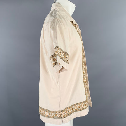 TODD SNYDER Size S Beige Embroidery Cotton Camp Short Sleeve Shirt