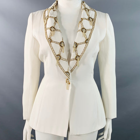 VICTORIA ROYAL Size 12 Cream Polyester Beaded Shawl Collar Jacket Blazer