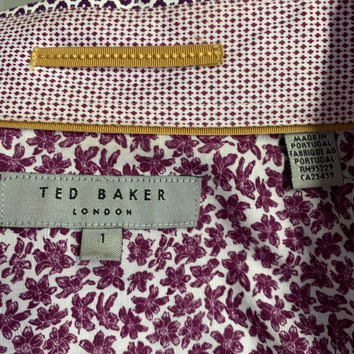 TED BAKER Size XS Nugate Burgundy White Abstract Floral Cotton Roll Tab Long Sleeve Shirt