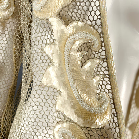 VINTAGE Taille M Veste ouverte à sequins et perles en maille crème argentée