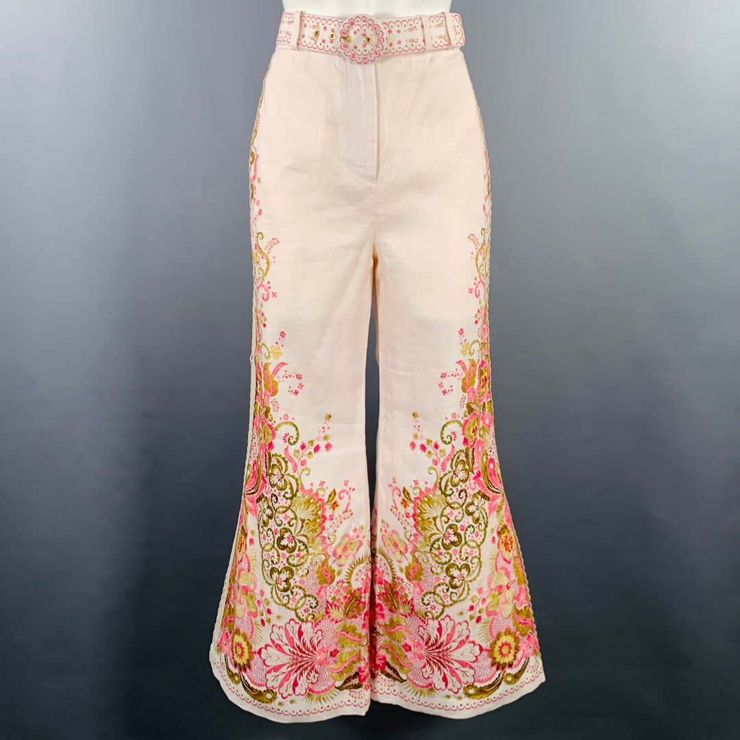 ZIMMERMANN Size S Pink Olive Linen Embroidered High Waisted Dress Pants   Sui Generis Designer Consignment